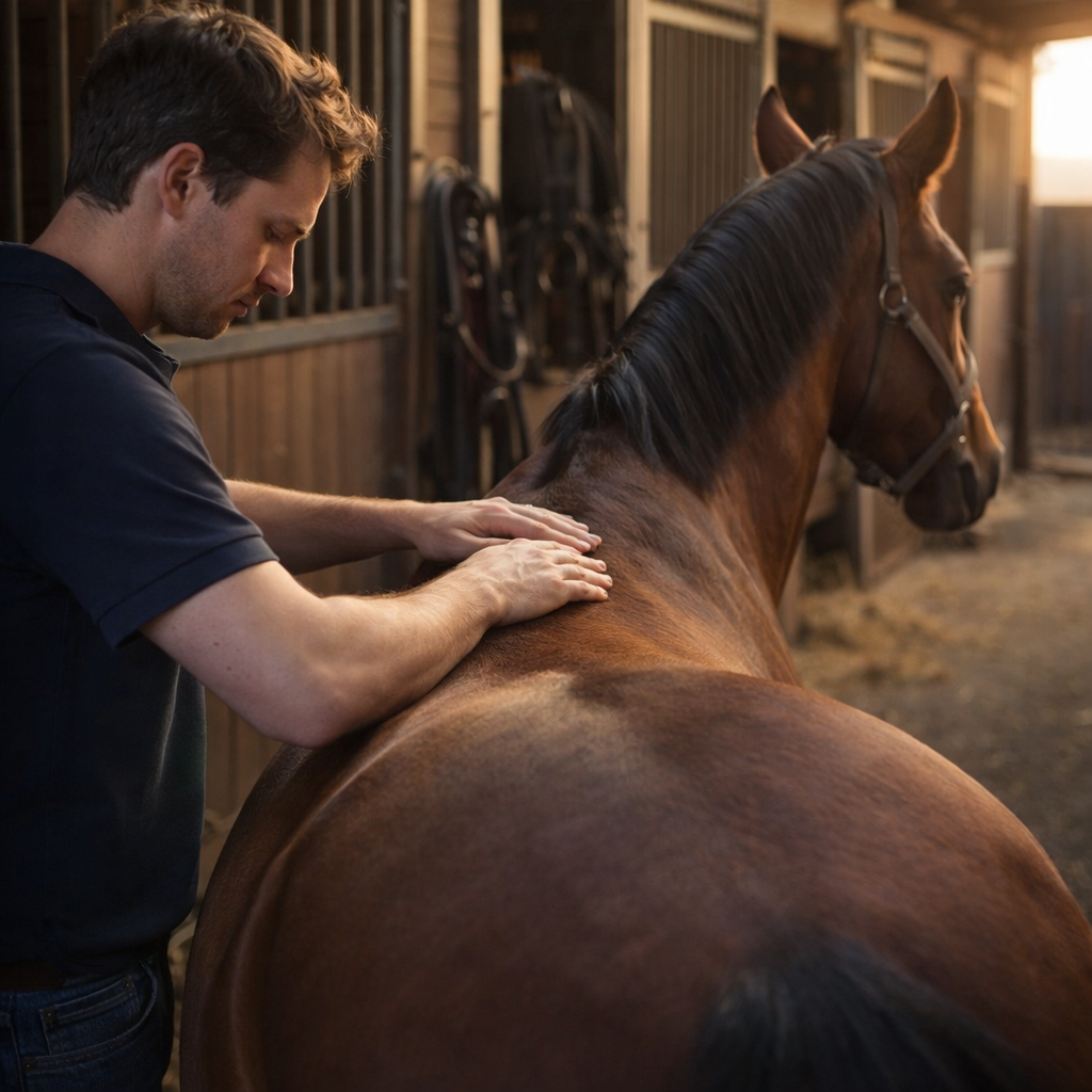 séance d’ostéopathie animale sur la colonne vertébrale d’un cheval dans une écurie